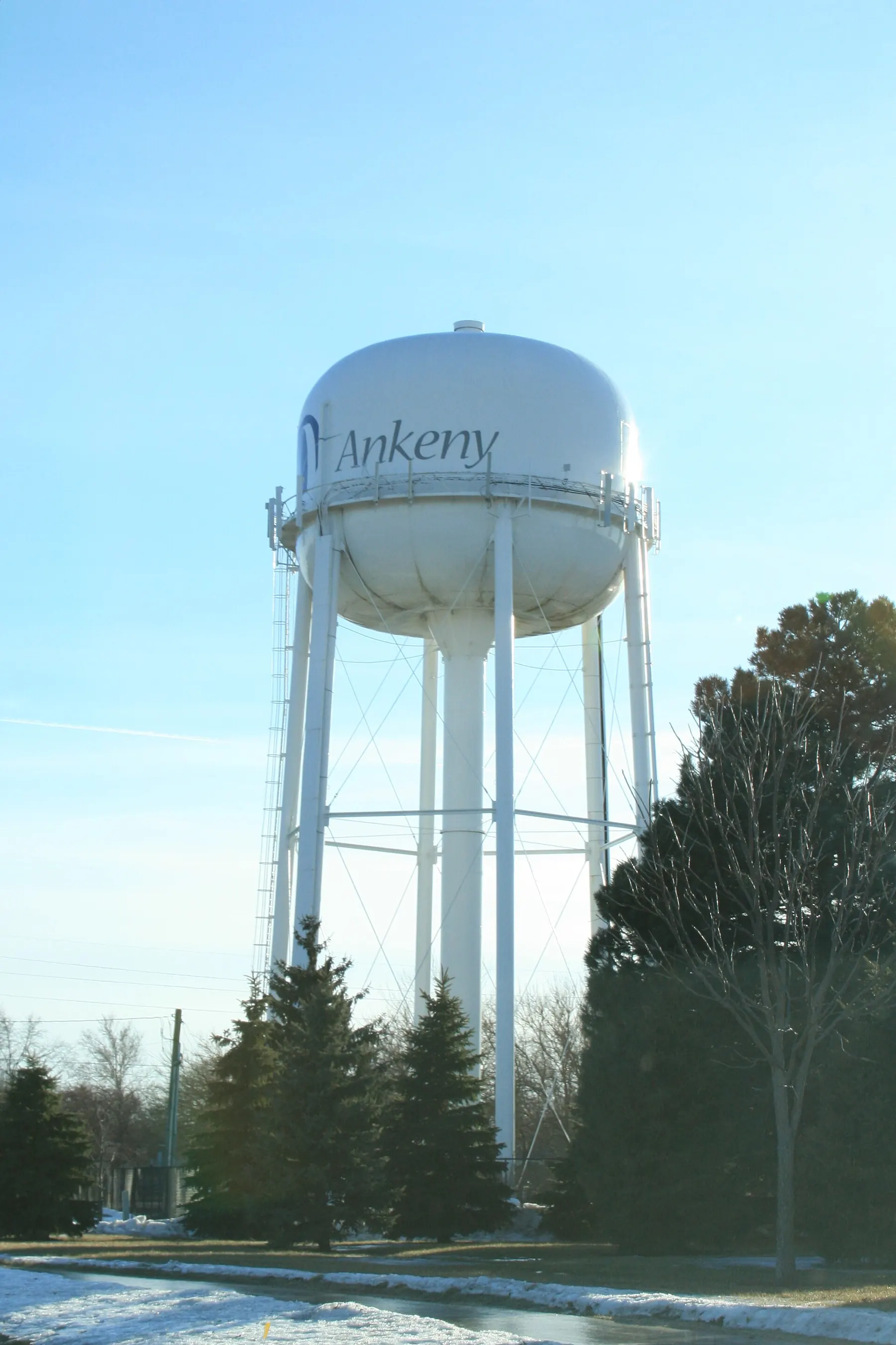 The Ankeny water tower against a winter sky